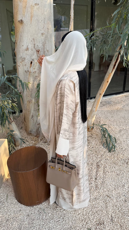 Abaya Imprimée Beige - Ensemble 3 pièces