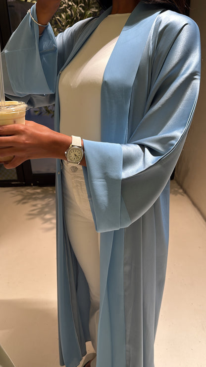 Abaya Bleu Ciel Satiné - Ensemble 3 pièces