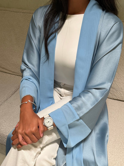 Abaya Bleu Ciel Satiné - Ensemble 3 pièces
