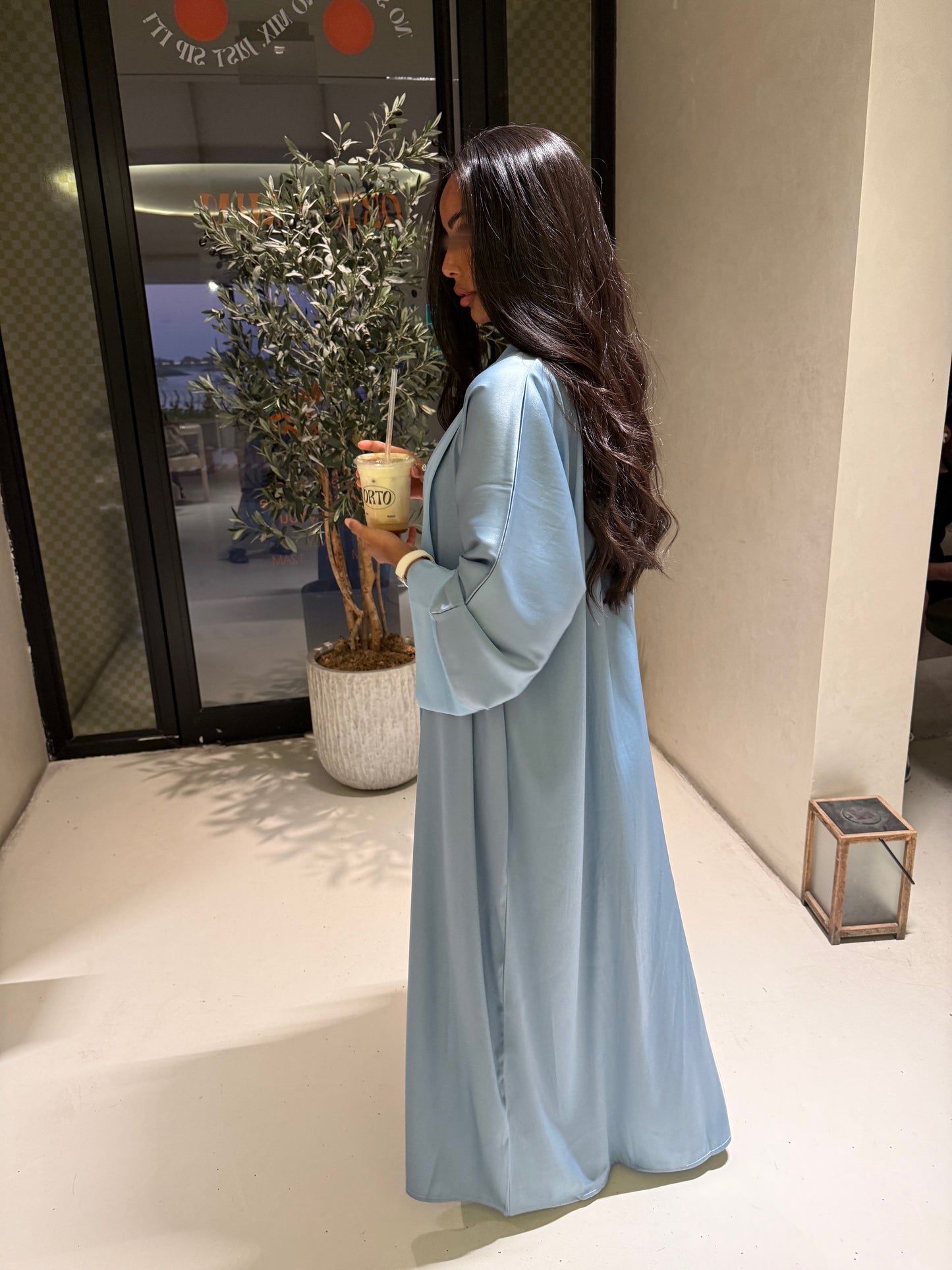 Abaya Bleu Ciel Satiné - Ensemble 3 pièces