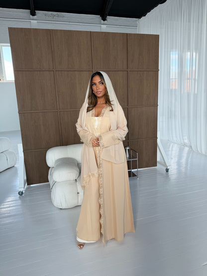 Abaya à dentelle Shemsa - Ensemble 3 pièces