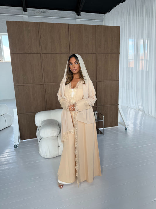 Abaya à dentelle Shemsa - Ensemble 3 pièces