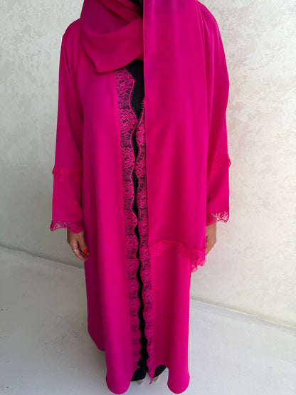 Abaya Fushia en dentelle - Ensemble 2 pièces