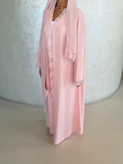 Abaya rose poudré en dentelle- Ensemble 2 pièces