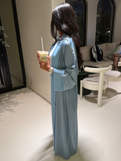 Abaya Bleu Ciel Satiné - Ensemble 3 pièces