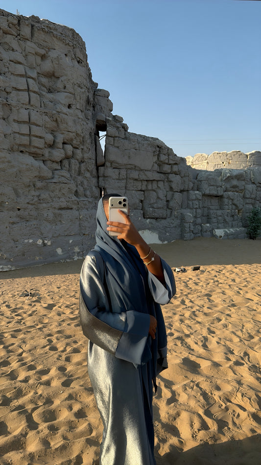 Abaya Satiné Bleu - Ensemble 3 pièces